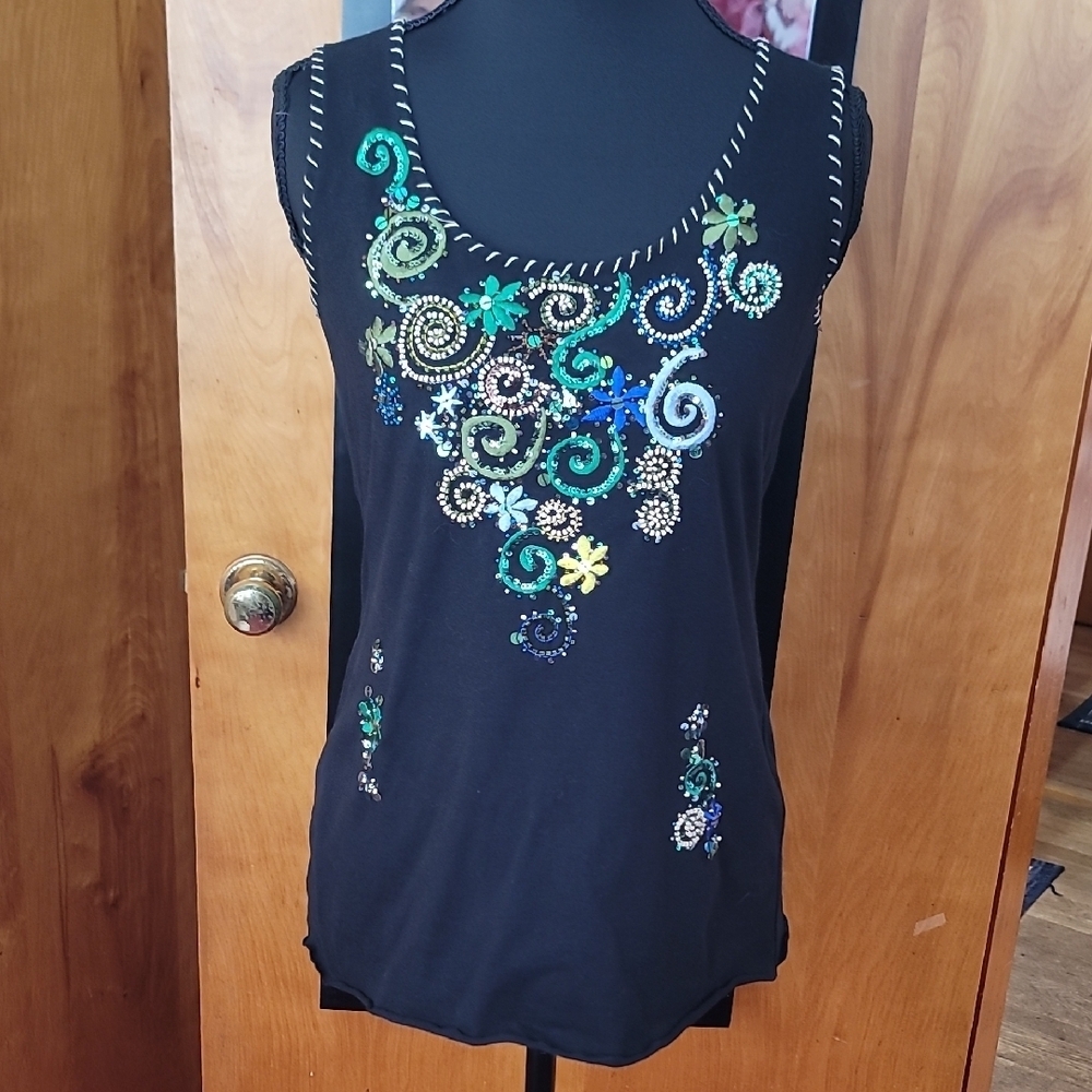 BCBGMaxAzria Black Tank Top with Colorful Embroidery, Sequins, And Beads